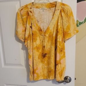 Les Serein 2X Yellow cotton blend Floral vneck butterfly sleeve Blouse
